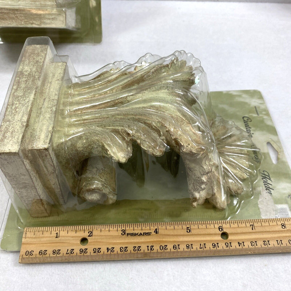 Two Light Green Gold Rod Swag Curtain Holders Scarf Corbels Leaf Design Decor - Picture 7 of 11